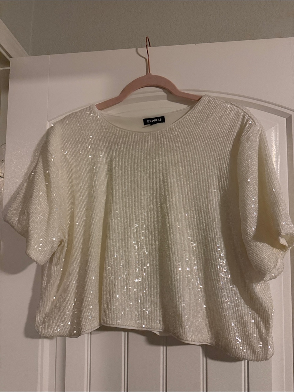 Express Women's White Sequin Short Sleeve Tee
